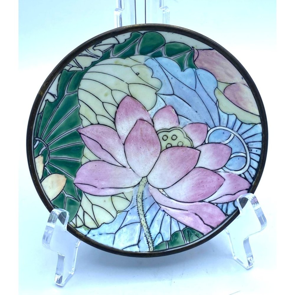 Macau Style Chinese Enamel Cloisonne Brass Rimmed and Back Small Lotus Flower Di